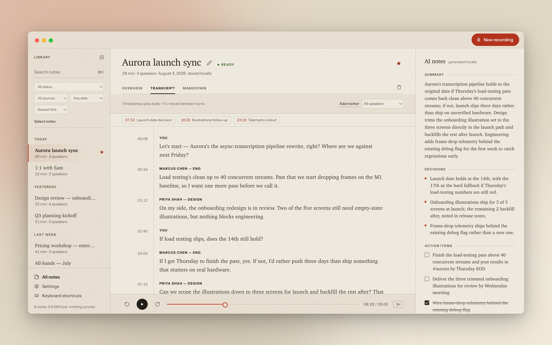 Minute showing a meeting note with live transcript, speaker labels, summary, decisions, and action items