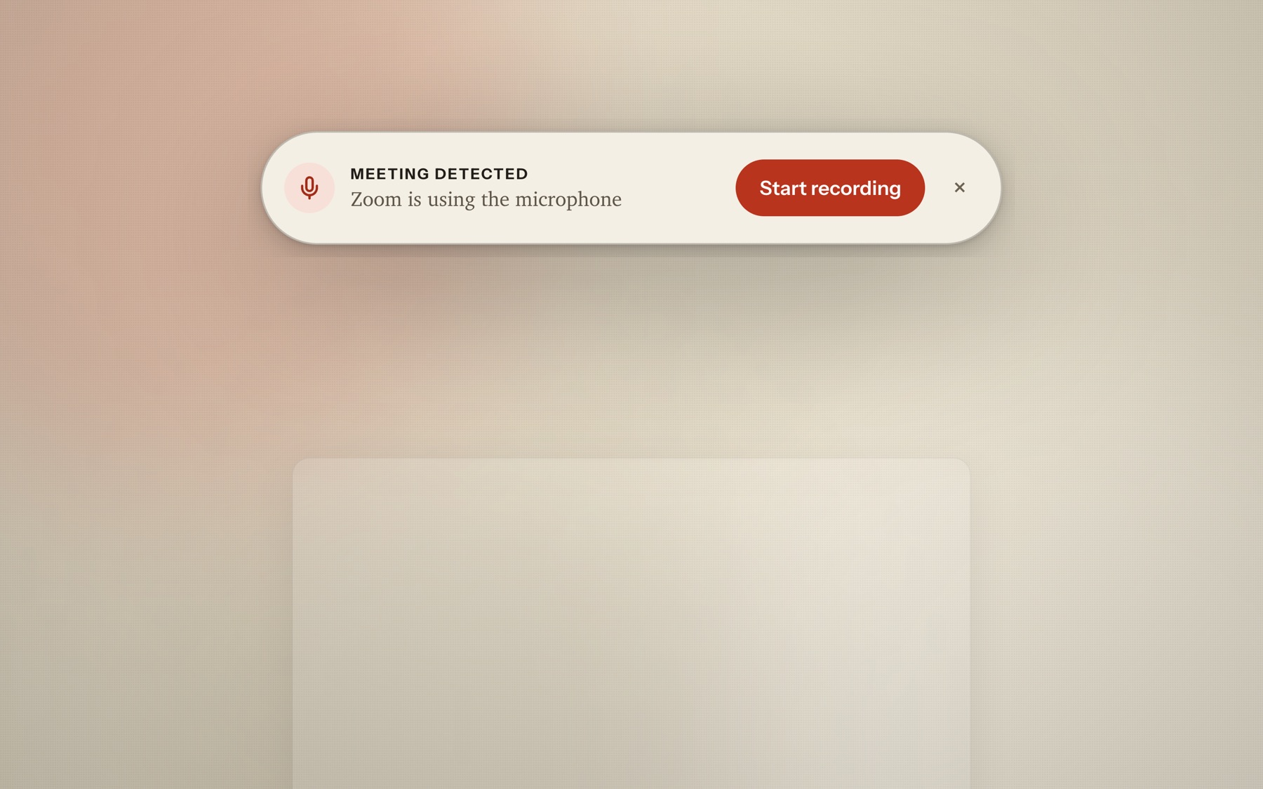 Minute's meeting-detected pill offering to start recording when Zoom is using the microphone