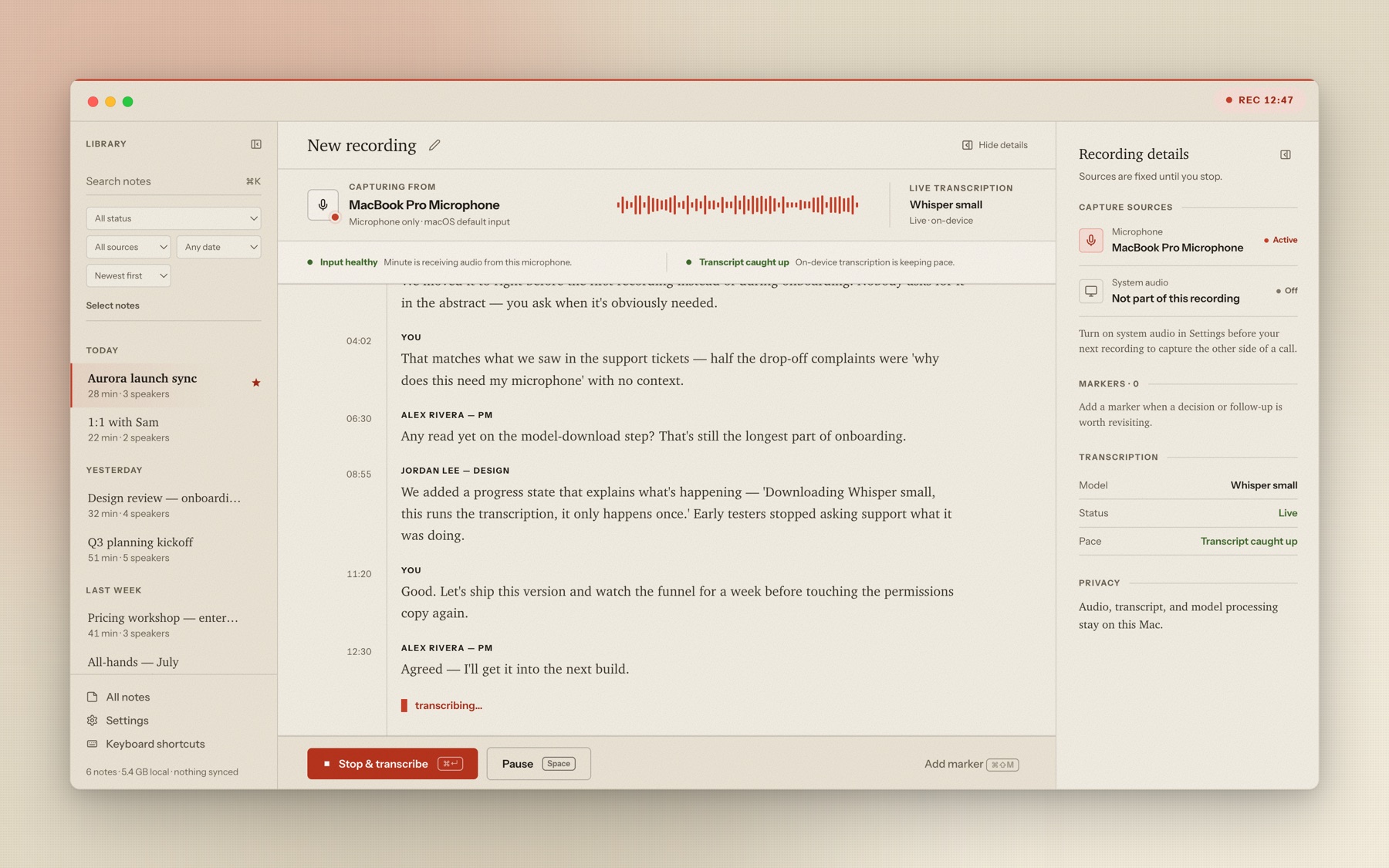 A live recording in Minute with real-time transcription and speaker labels